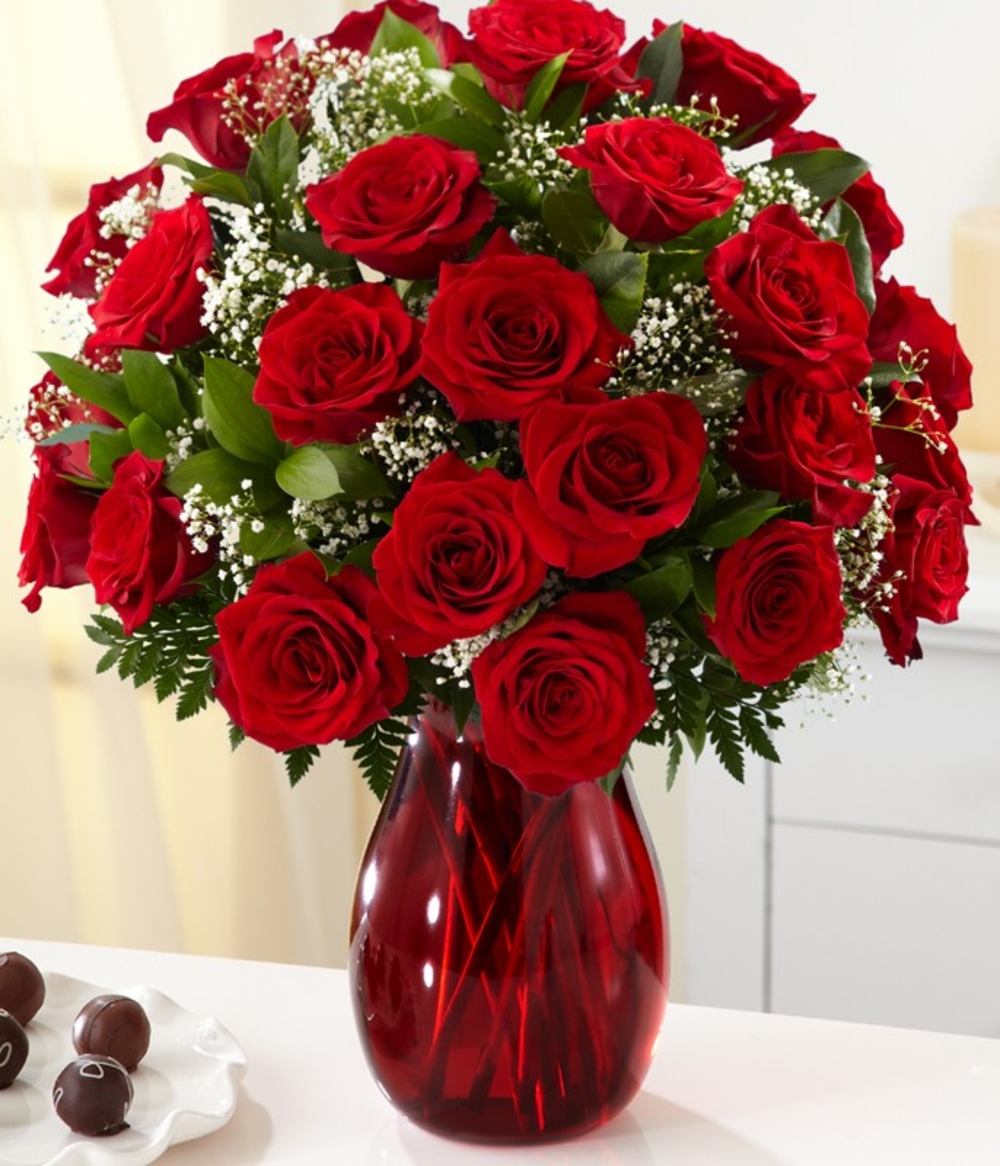 24 Red Roses In Red Vase