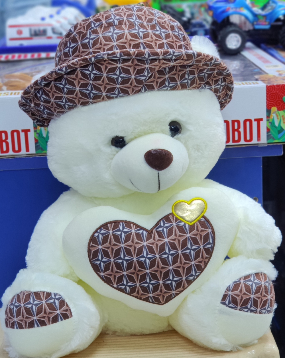Beautiful White Teddy With Designed Cap & Heart (40cm)