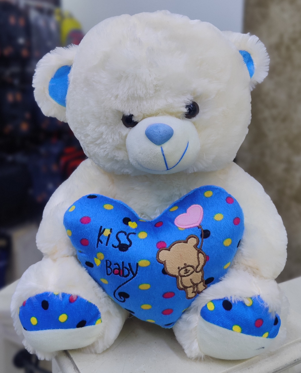 (40cm) White Teddy With Blue Heart