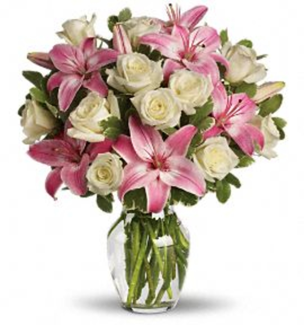 Vase with 5 Stems of Pink Lilies & 12 Stems of  White Roses With Greens
